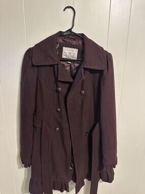 Sugarfly Women’s Purple Button-Front Collared Ruffle Hem Pea Coat Size M